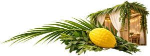 Sucá con lulav, etrog y hojas de palma
