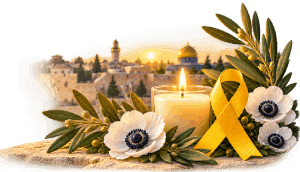Velas, cinta amarilla, anémonas y Jerusalén en memoria del 7 de octubre