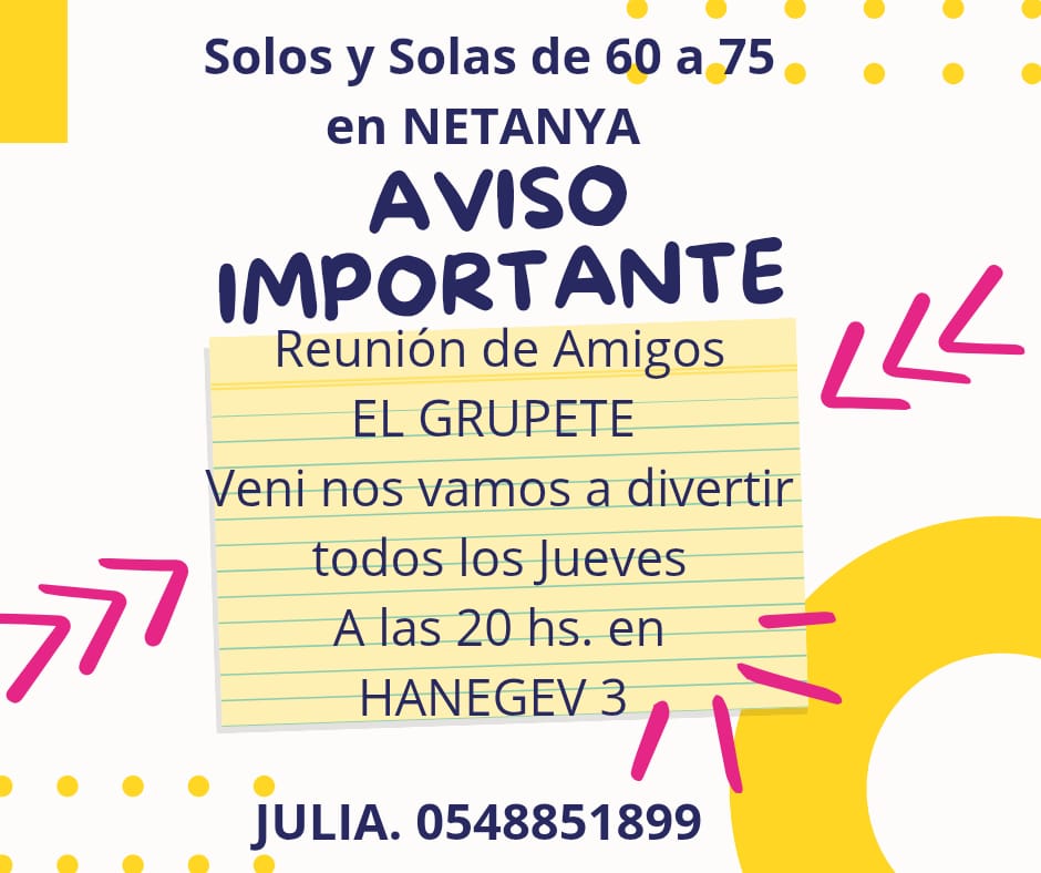 Afiche de la reunión semanal El Grupete de OLEI Netanya