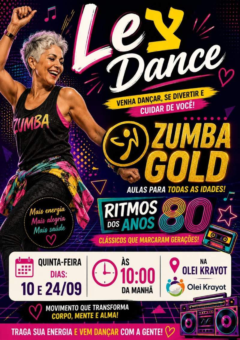 Afiche de las clases Zumba Gold con ritmos de los años 80 en OLEI Krayot