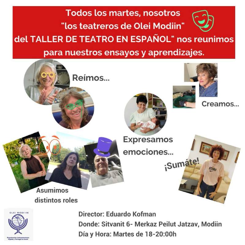 Afiche del taller semanal de teatro en español de OLEI Modiin